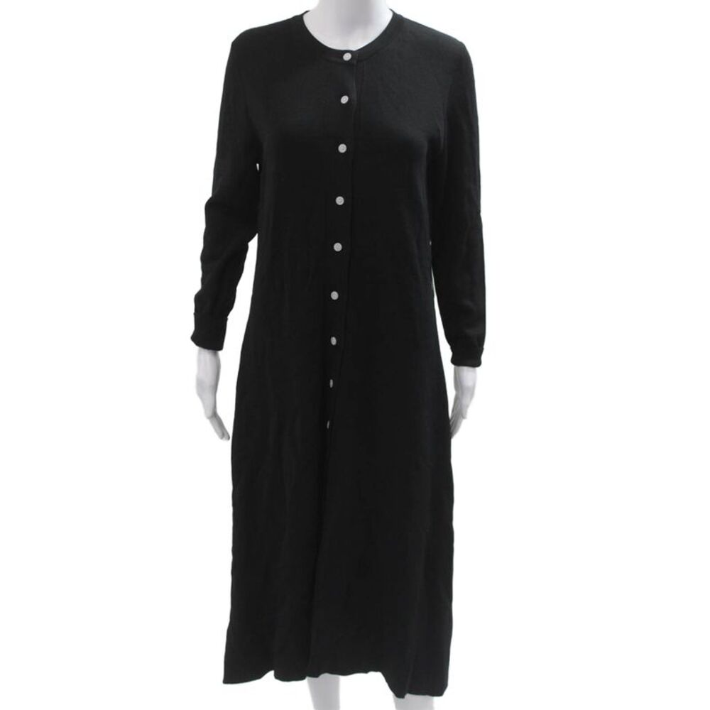 Yal Womens Shirt Dress Black Button Long Sleeve Crew Neck Viscose Nylon Size S
